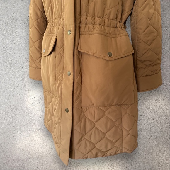 Talbots Tan Quilted Snap Button Cinch Waist Midi-Length Coat Size Large Petite - Picture 10 of 14